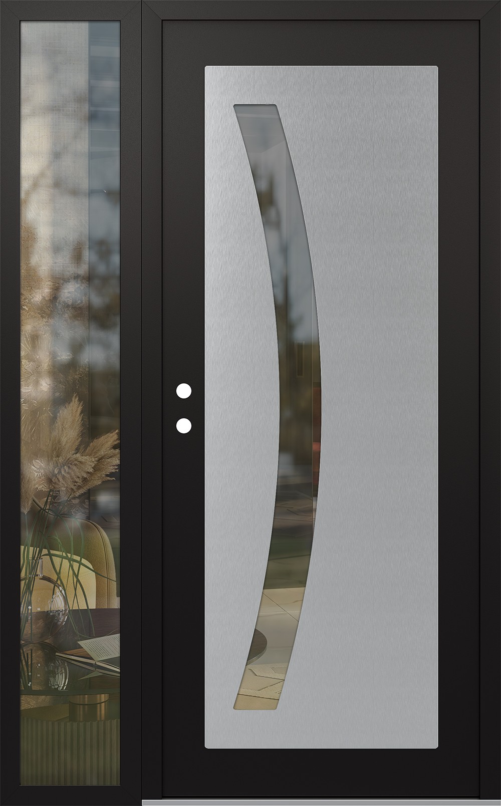 Modern Steel Front Door Diamond C4 48" x 80" black/black clear Glass Panel stainless steel RHI with Sidelite clear Glass