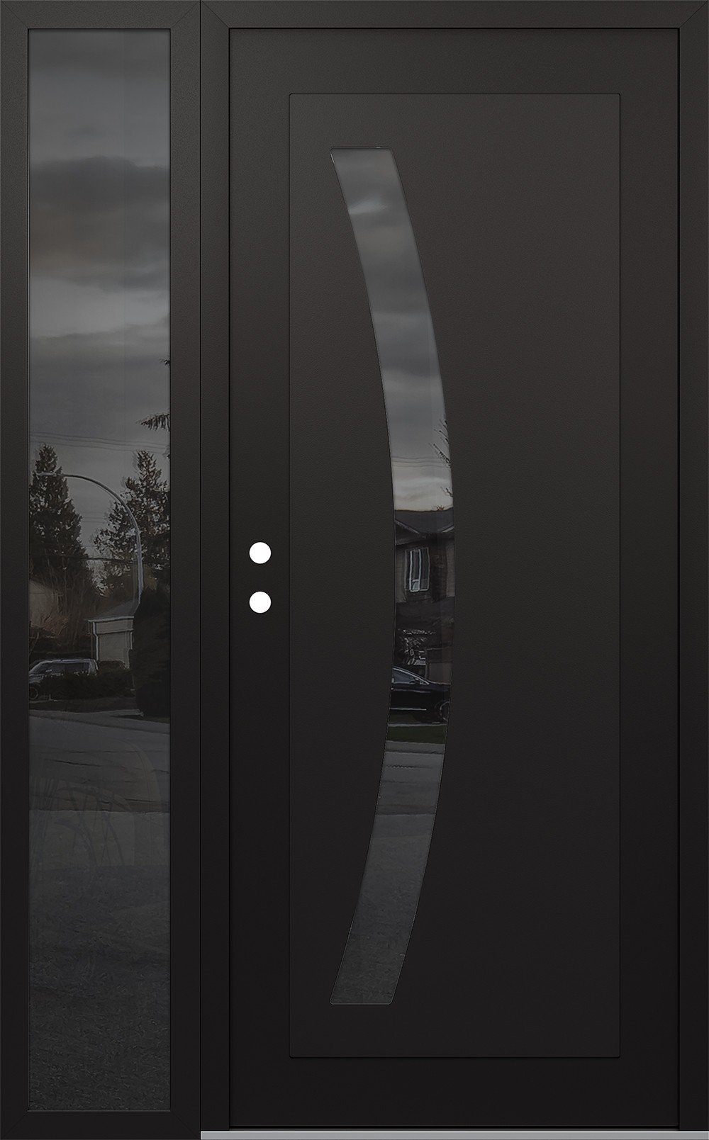 Modern Steel Front Door Diamond C4 48" x 80" black/black mirrored Glass Panel black RHI with Sidelite mirrored Glass