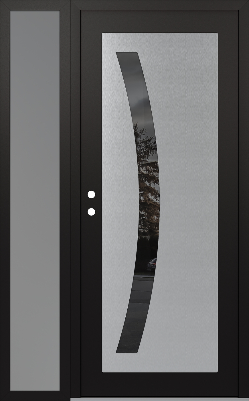 Modern Steel Front Door Diamond C4 48" x 80" black/black mirrored Glass Panel stainless steel RHI with Sidelite frosted Glass