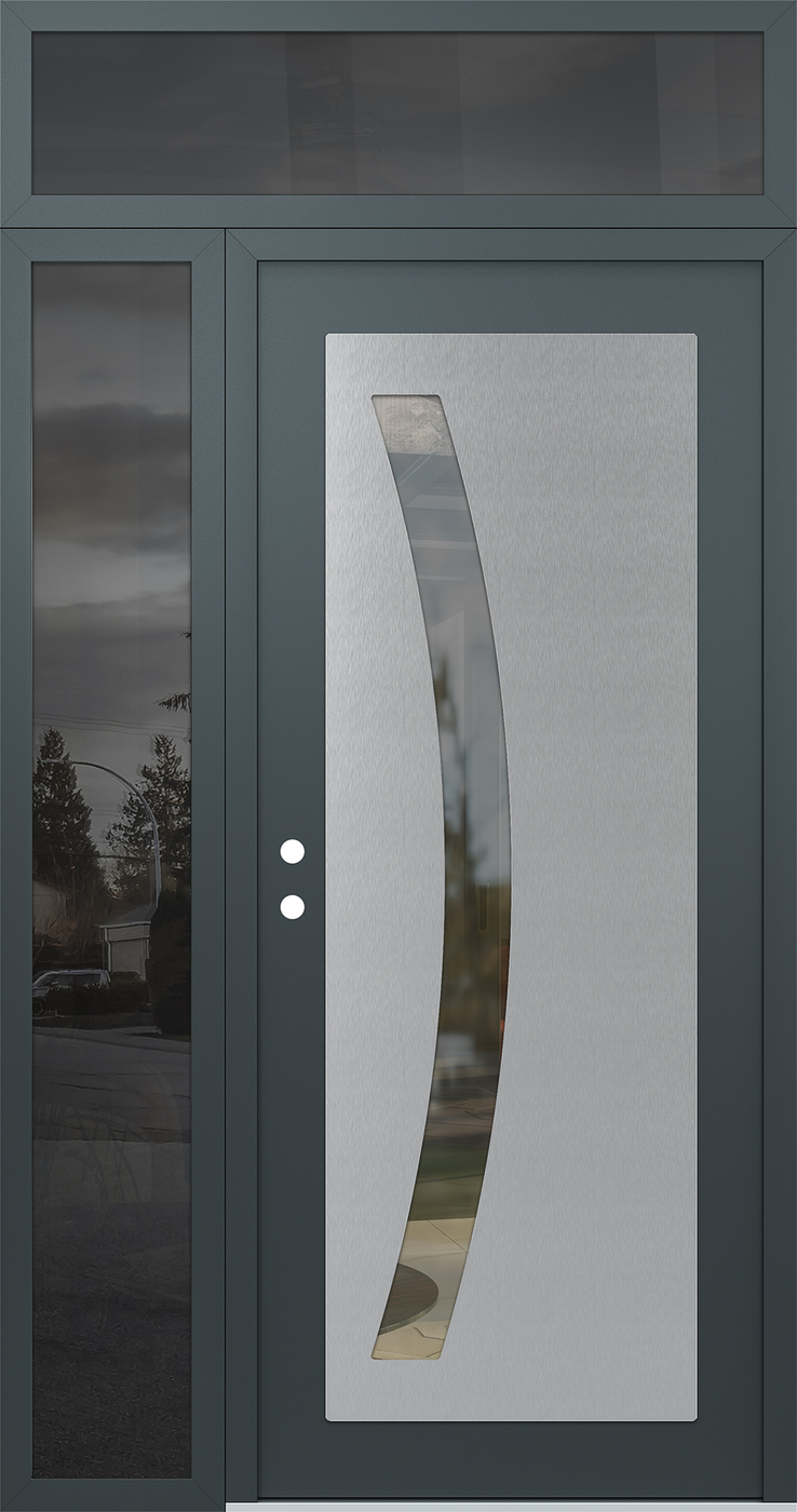 Modern Steel Front Door Diamond C4 48" x 96" anthracite/anthracite clear Glass Panel stainless steel RHI with Sidelite and Transom mirrored Glass