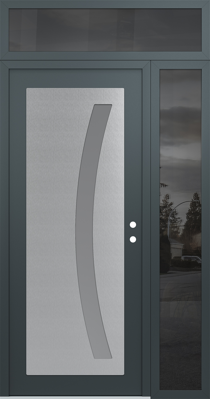 Modern Steel Front Door Diamond C4 48" x 96" anthracite/anthracite frosted Glass Panel stainless steel LHI with Sidelite and Transom mirrored Glass