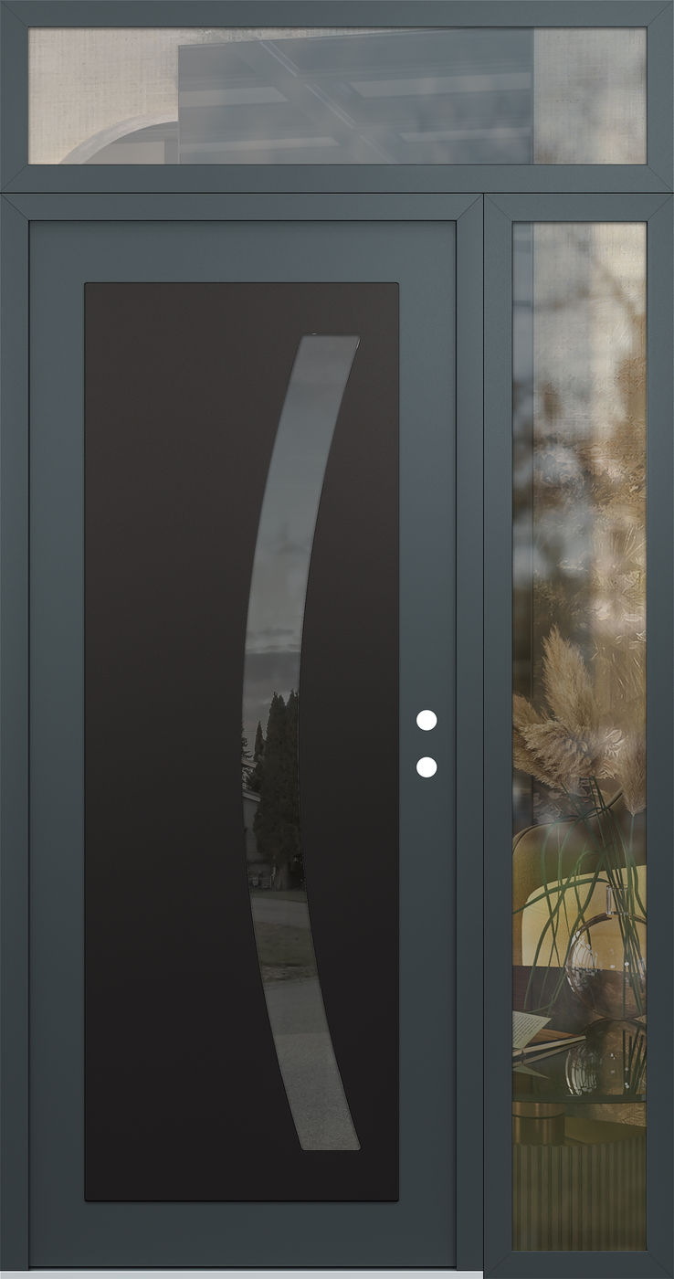 Modern Steel Front Door Diamond C4 48" x 96" anthracite/anthracite mirrored Glass Panel black LHI with Sidelite and Transom clear Glass