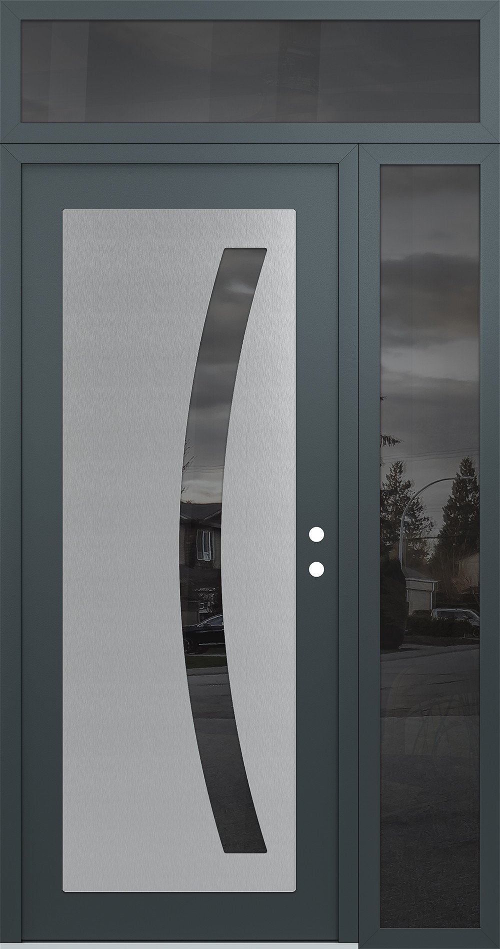 Modern Steel Front Door Diamond C4 48" x 96" anthracite/anthracite mirrored Glass Panel stainless steel LHI with Sidelite and Transom mirrored Glass