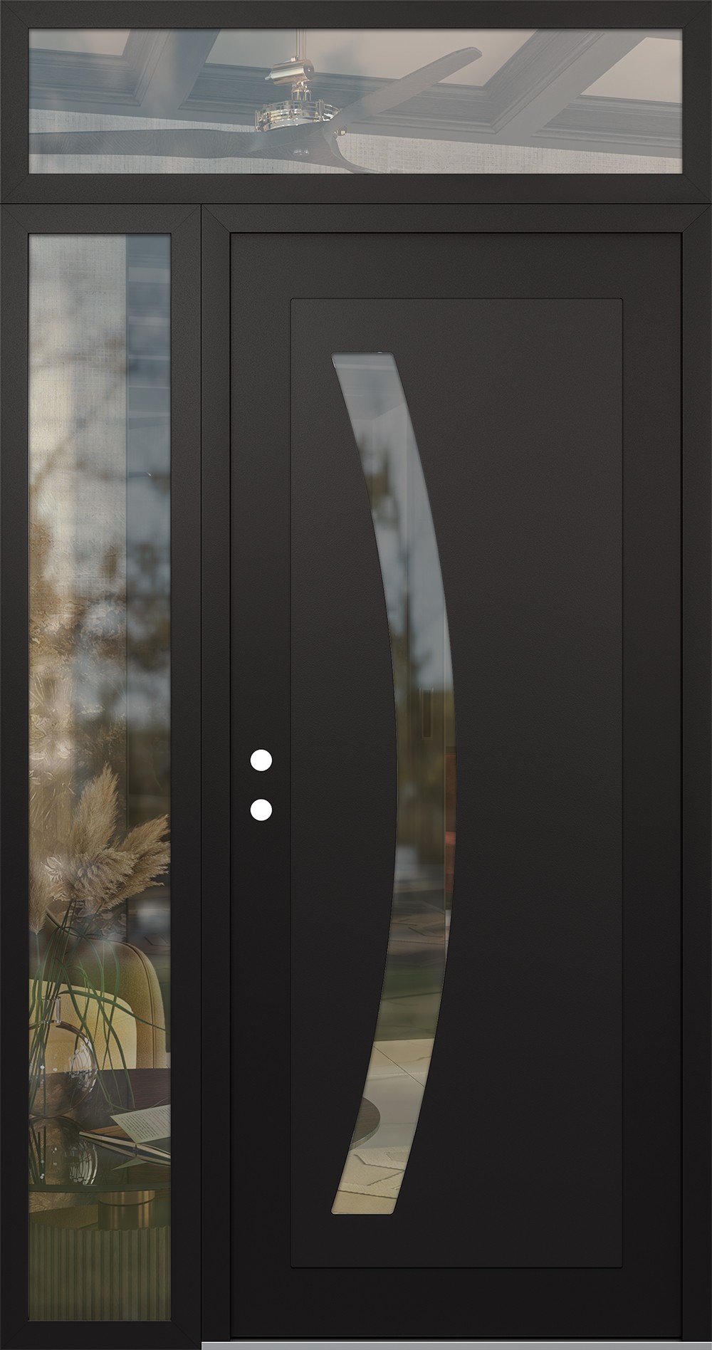 Modern Steel Front Door Diamond C4 48" x 96" black/black clear Glass Panel black RHI with Sidelite and Transom clear Glass