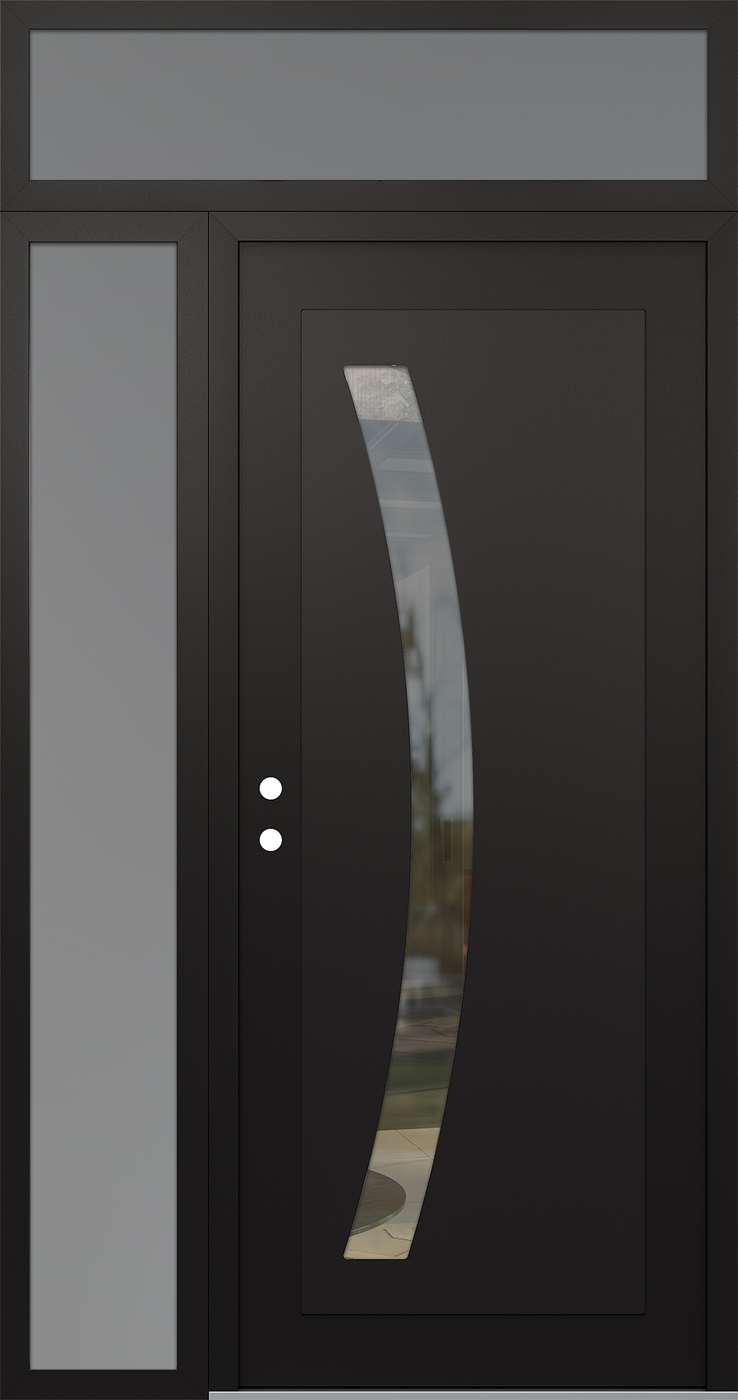 Modern Steel Front Door Diamond C4 48" x 96" black/black clear Glass Panel black RHI with Sidelite and Transom frosted Glass