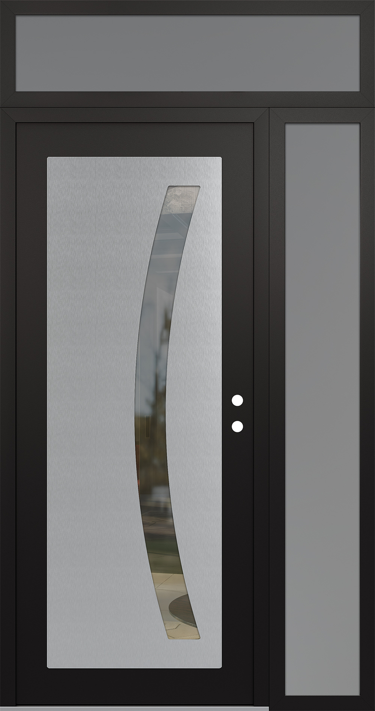 Modern Steel Front Door Diamond C4 48" x 96" black/black clear Glass Panel stainless steel LHI with Sidelite and Transom frosted Glass
