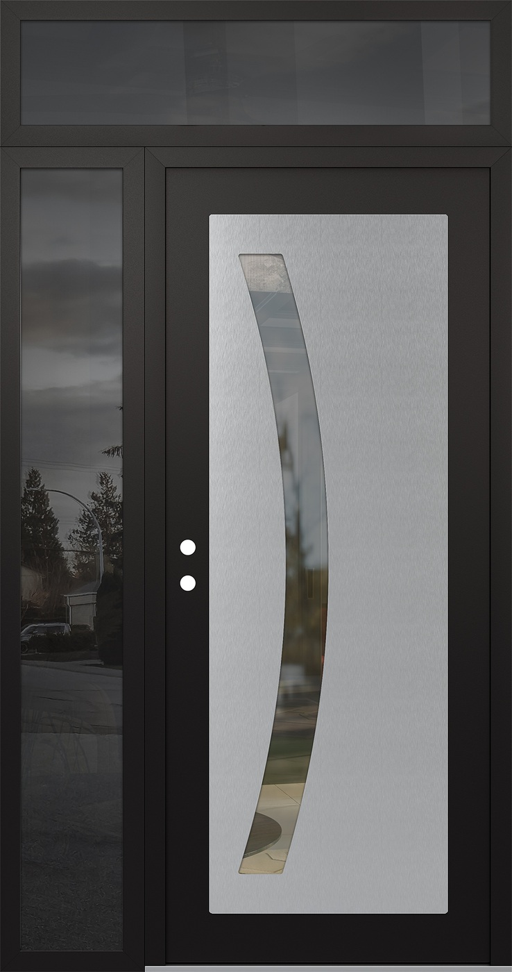 Modern Steel Front Door Diamond C4 48" x 96" black/black clear Glass Panel stainless steel RHI with Sidelite and Transom mirrored Glass