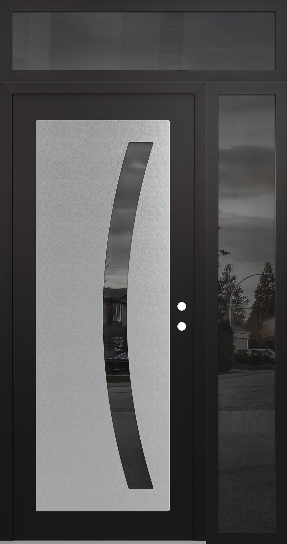 Modern Steel Front Door Diamond C4 48" x 96" black/black mirrored Glass Panel stainless steel LHI with Sidelite and Transom mirrored Glass