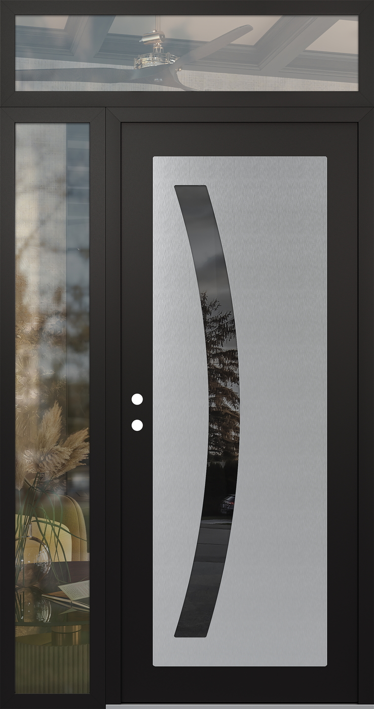 Modern Steel Front Door Diamond C4 48" x 96" black/black mirrored Glass Panel stainless steel RHI with Sidelite and Transom clear Glass
