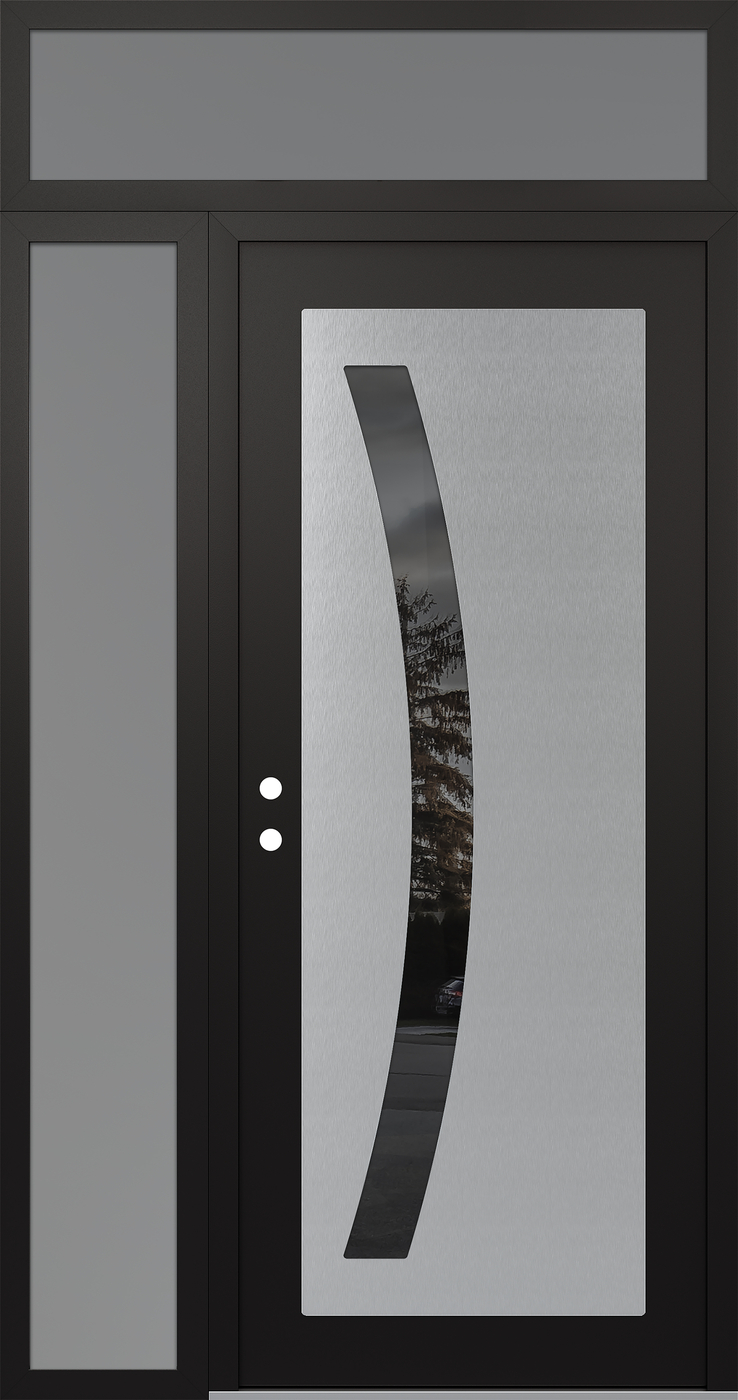 Modern Steel Front Door Diamond C4 48" x 96" black/black mirrored Glass Panel stainless steel RHI with Sidelite and Transom frosted Glass