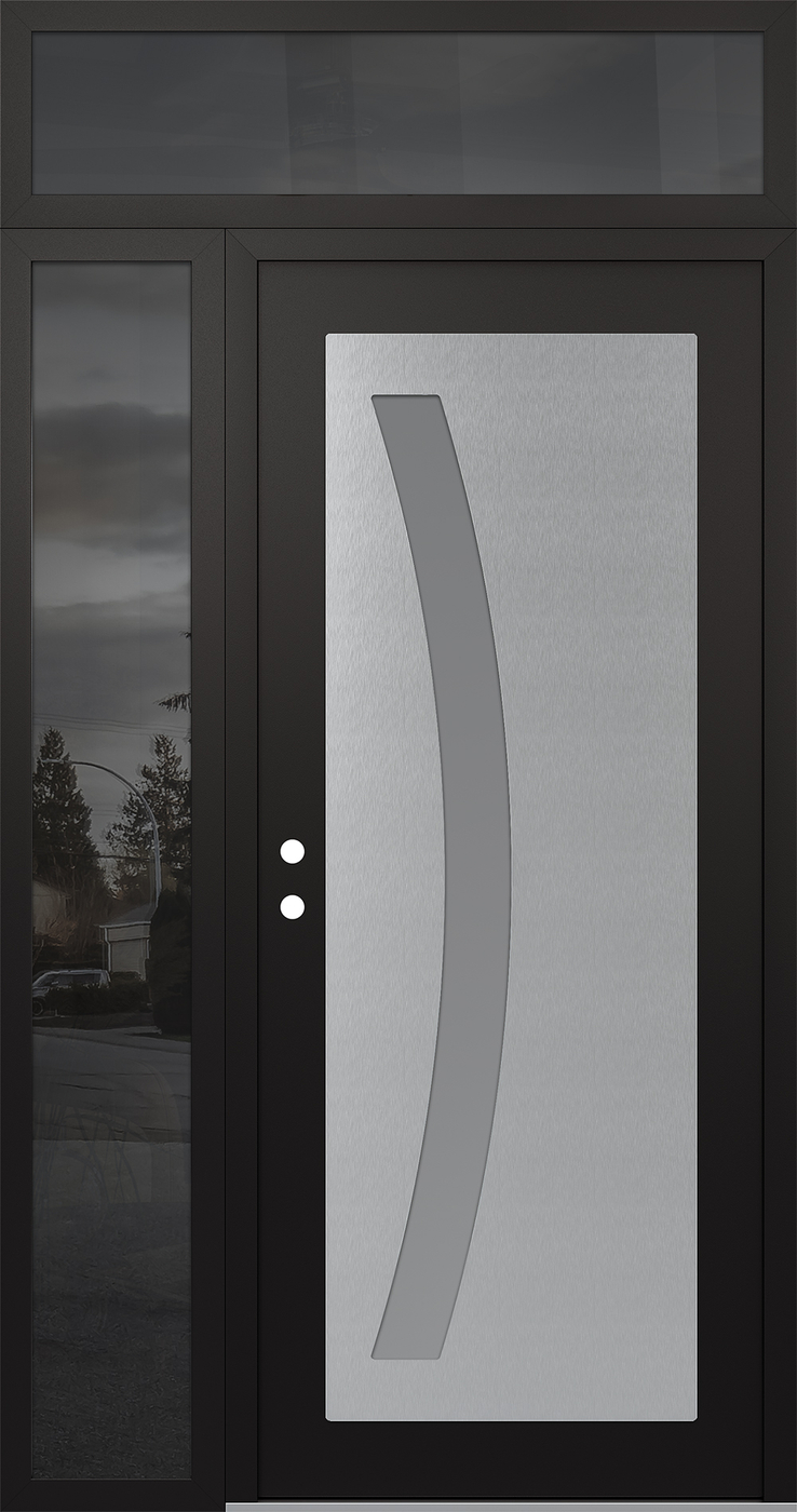 Modern Steel Front Door Diamond C4 48" x 96" black/white frosted Glass Panel stainless steel RHI with Sidelite and Transom mirrored Glass