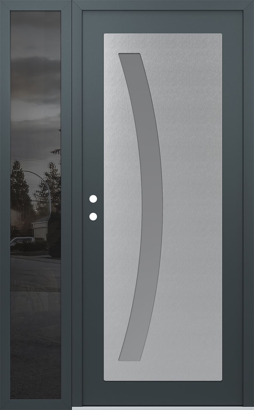 Modern Steel Front Door Diamond C4 50" x 80" anthracite/anthracite frosted Glass Panel stainless steel RHI with Sidelite mirrored Glass