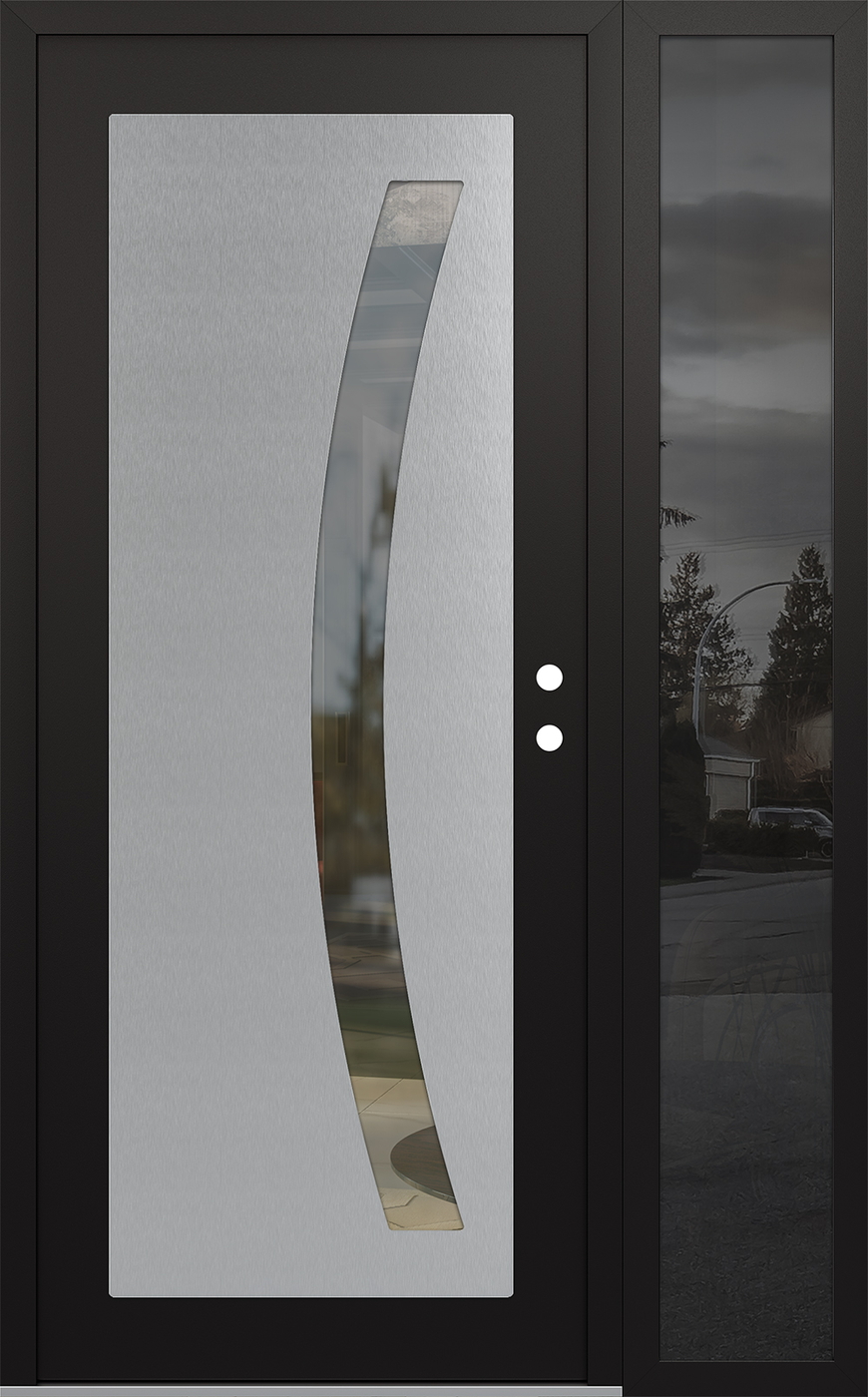 Modern Steel Front Door Diamond C4 50" x 80" black/black clear Glass Panel stainless steel LHI with Sidelite mirrored Glass