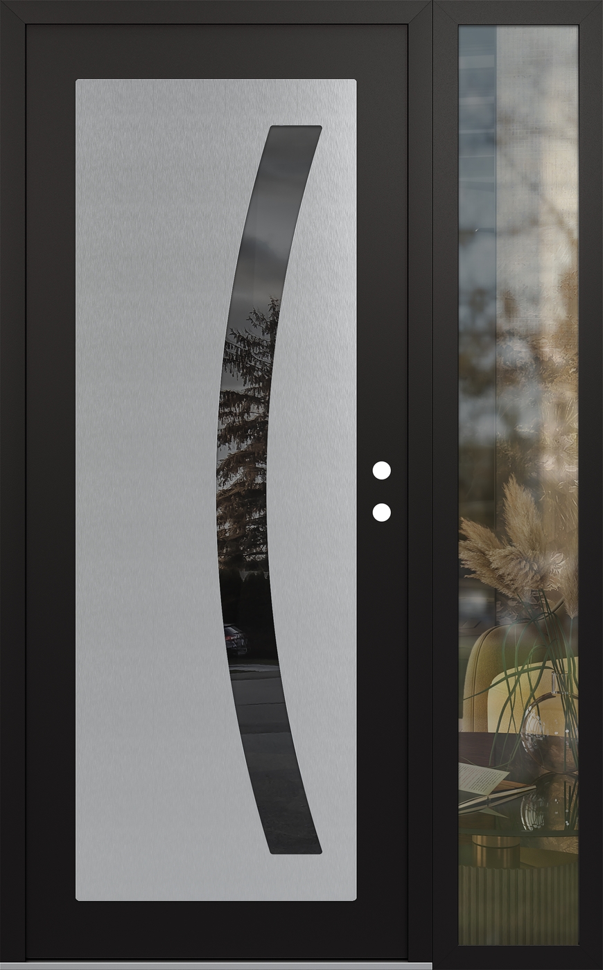 Modern Steel Front Door Diamond C4 50" x 80" black/black mirrored Glass Panel stainless steel LHI with Sidelite clear Glass