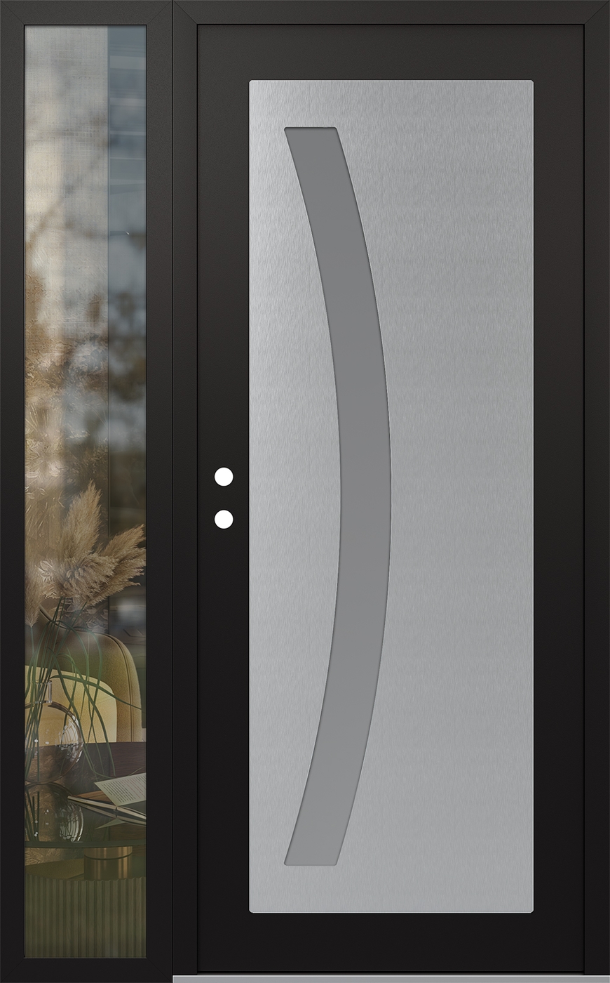Modern Steel Front Door Diamond C4 50" x 80" black/white frosted Glass Panel stainless steel RHI with Sidelite clear Glass