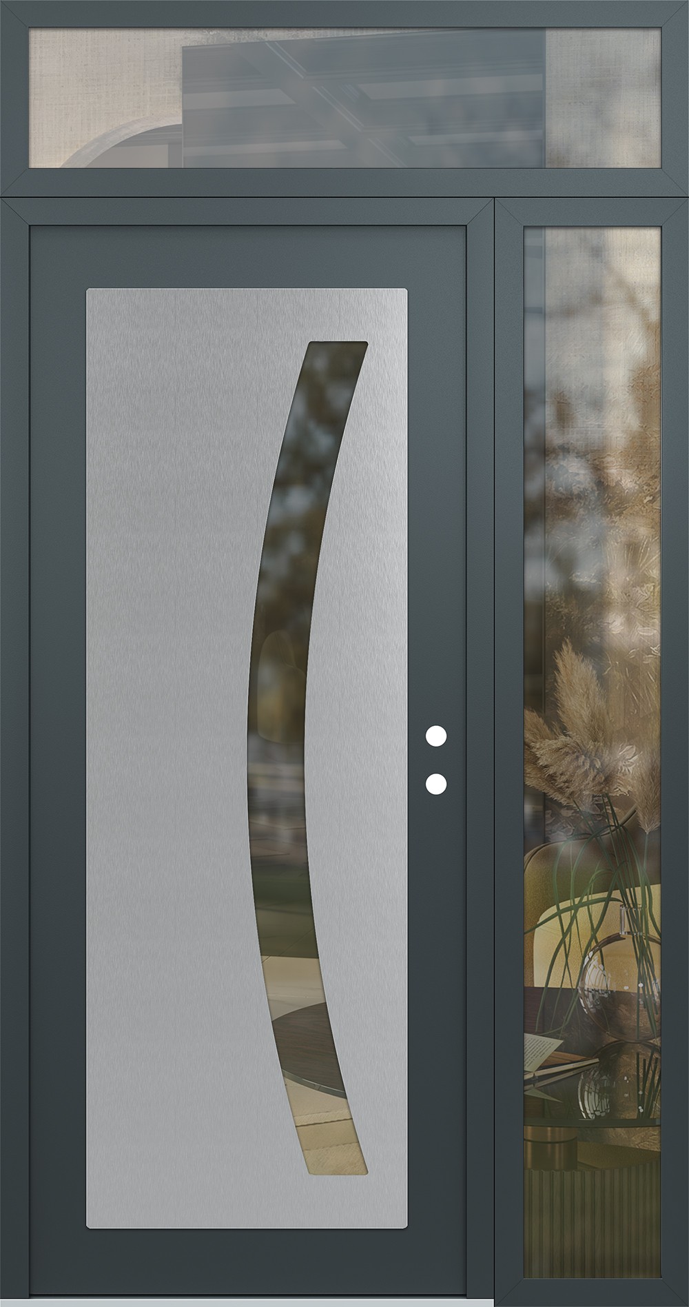 Modern Steel Front Door Diamond C4 50" x 96" anthracite/anthracite clear Glass Panel stainless steel LHI with Sidelite and Transom clear Glass