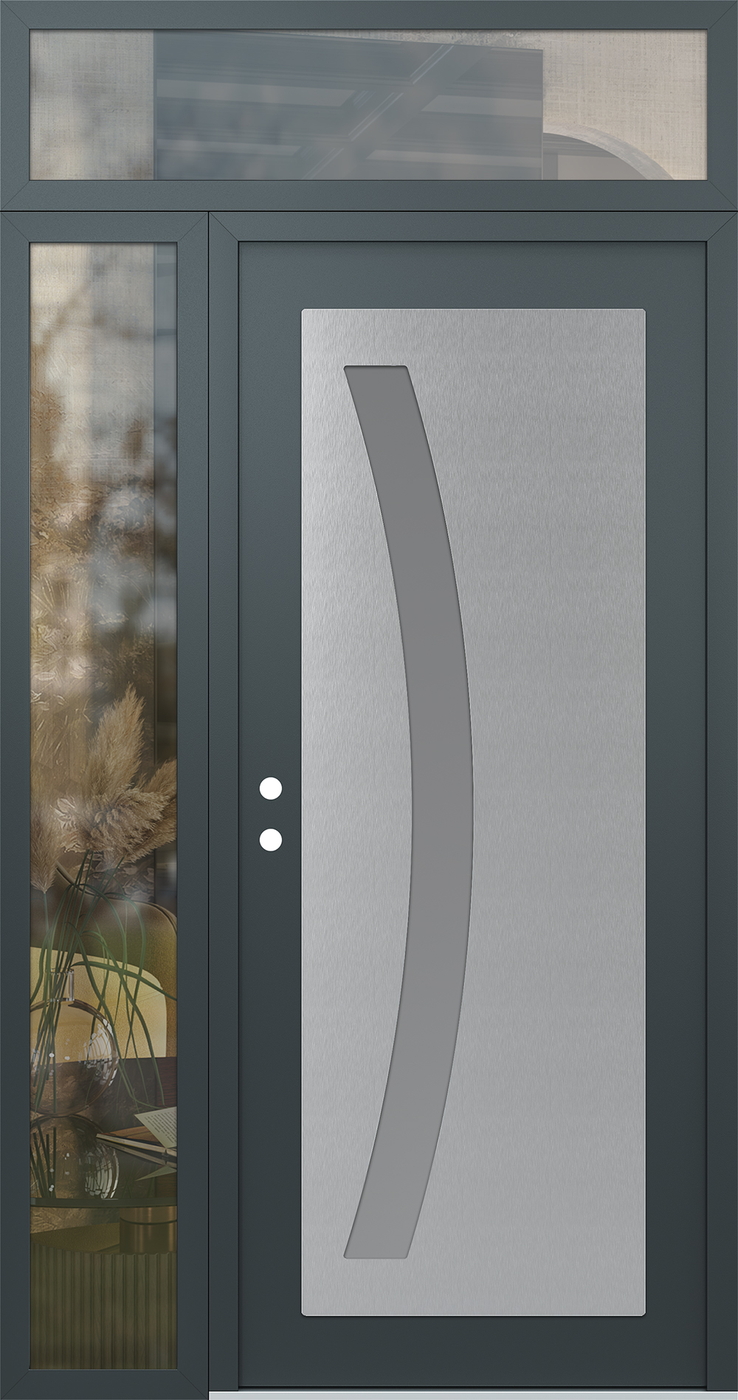 Modern Steel Front Door Diamond C4 50" x 96" anthracite/anthracite frosted Glass Panel stainless steel RHI with Sidelite and Transom clear Glass