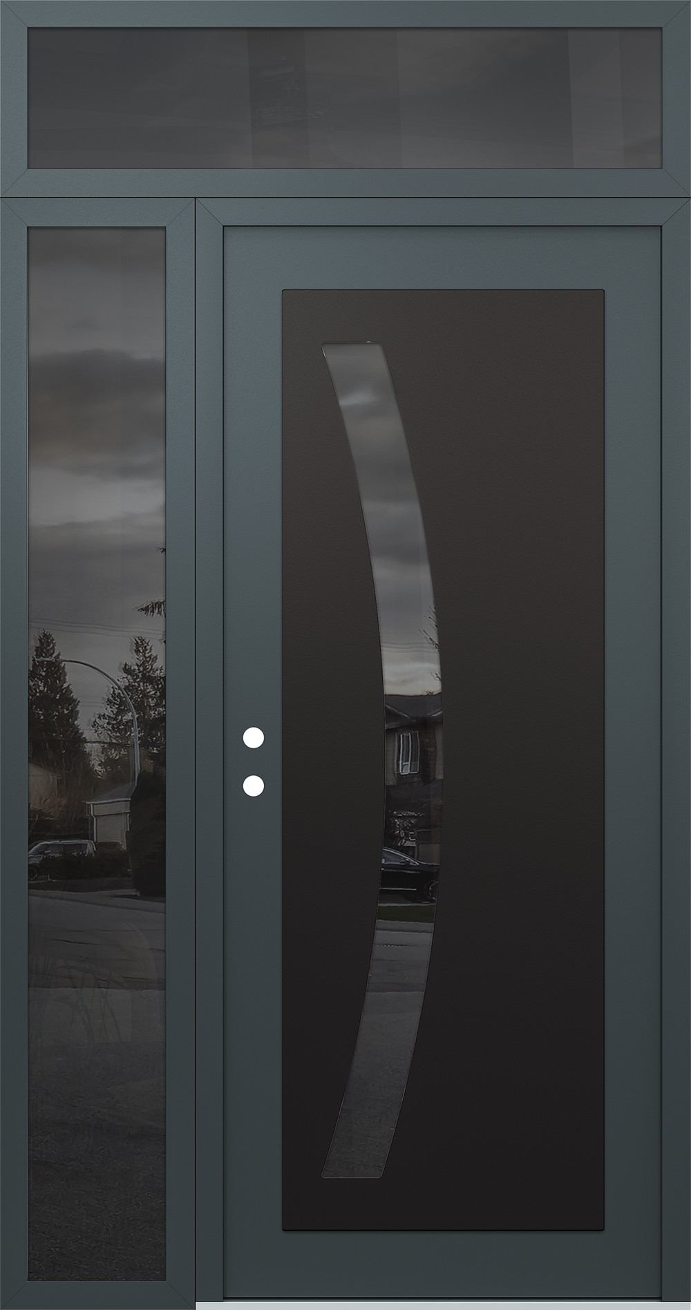 Modern Steel Front Door Diamond C4 50" x 96" anthracite/anthracite mirrored Glass Panel black RHI with Sidelite and Transom mirrored Glass