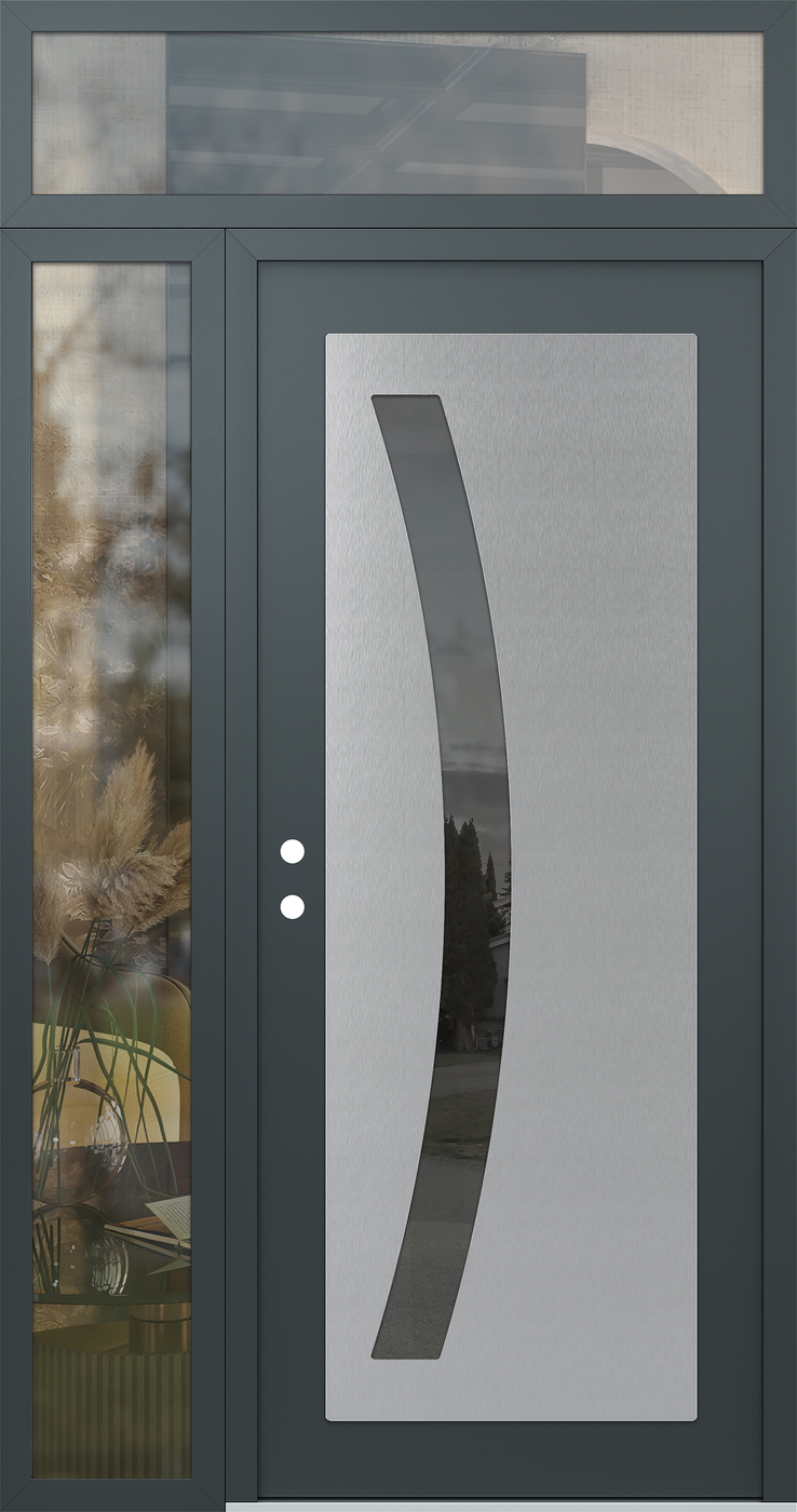 Modern Steel Front Door Diamond C4 50" x 96" anthracite/anthracite mirrored Glass Panel stainless steel RHI with Sidelite and Transom clear Glass