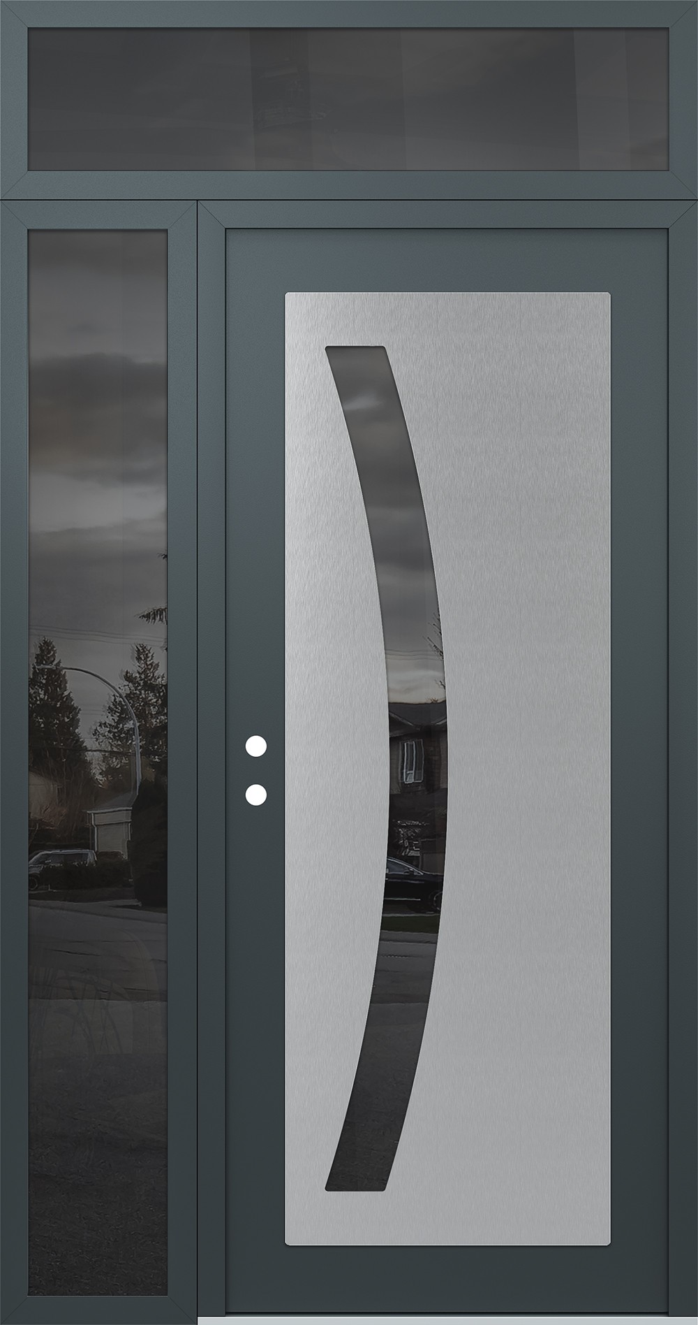 Modern Steel Front Door Diamond C4 50" x 96" anthracite/anthracite mirrored Glass Panel stainless steel RHI with Sidelite and Transom mirrored Glass
