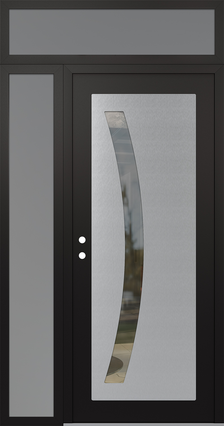Modern Steel Front Door Diamond C4 50" x 96" black/black clear Glass Panel stainless steel RHI with Sidelite and Transom frosted Glass