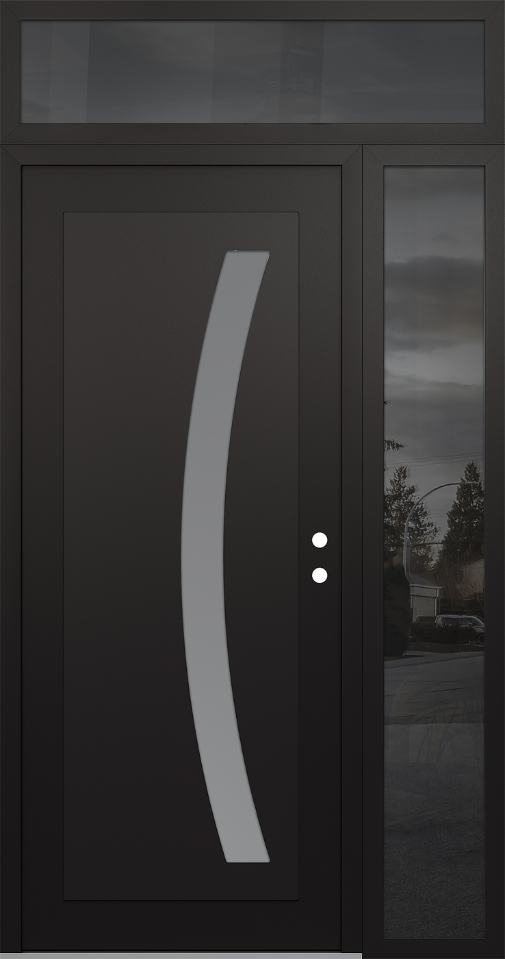 Modern Steel Front Door Diamond C4 50" x 96" black/white frosted Glass Panel black LHI with Sidelite and Transom mirrored Glass
