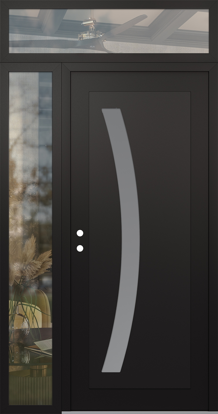 Modern Steel Front Door Diamond C4 50" x 96" black/white frosted Glass Panel black RHI with Sidelite and Transom clear Glass