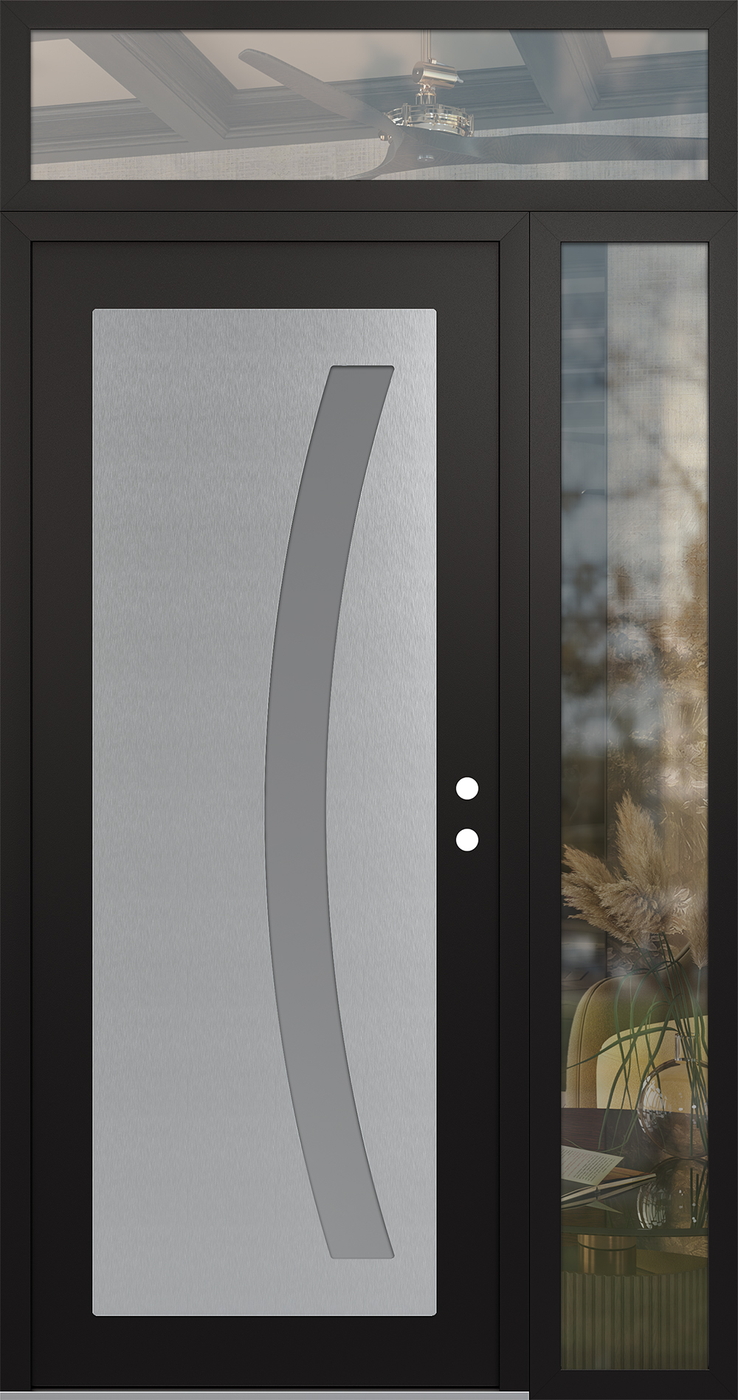 Modern Steel Front Door Diamond C4 50" x 96" black/white frosted Glass Panel stainless steel LHI with Sidelite and Transom clear Glass