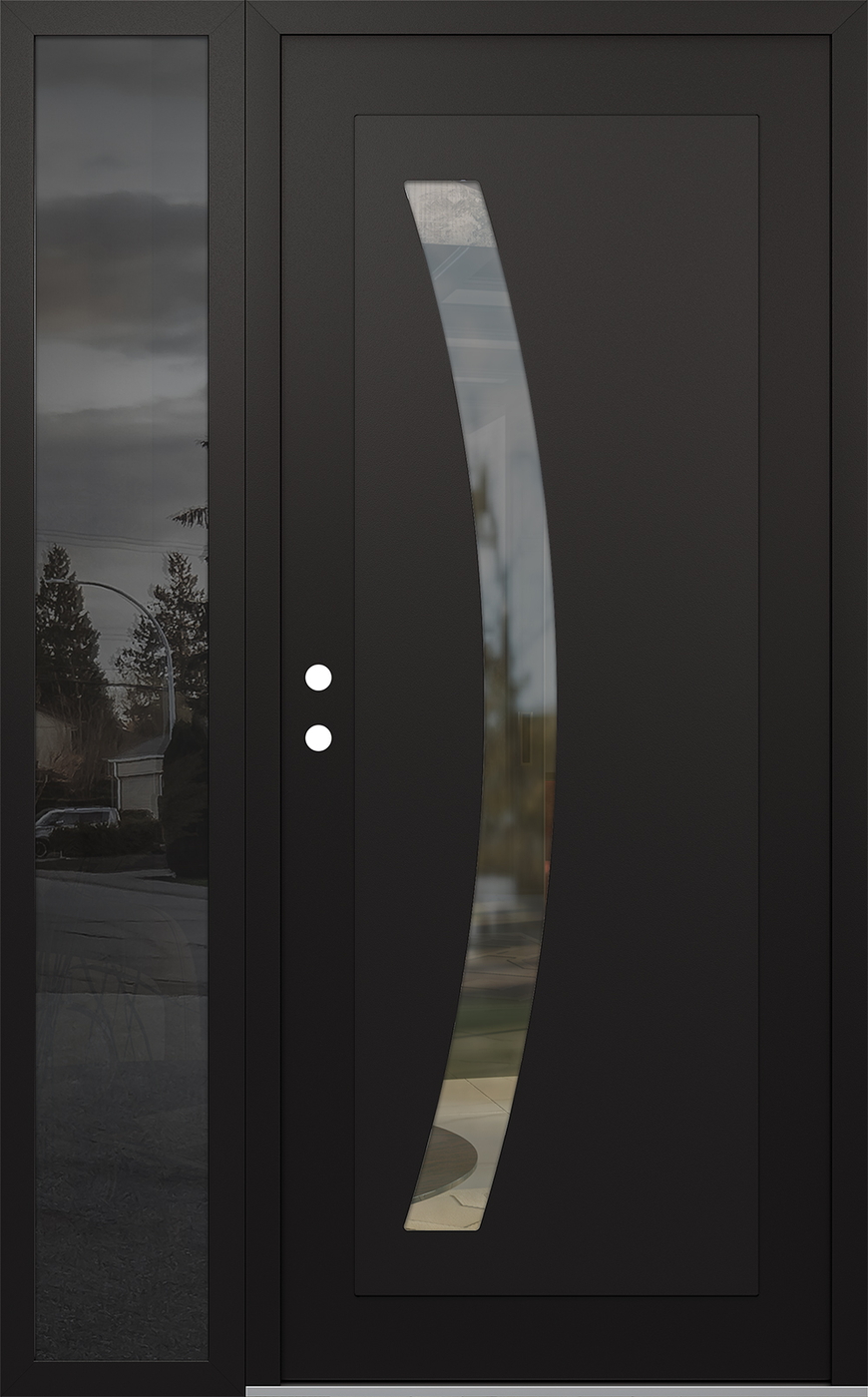 Modern Steel Front Door Diamond C4 52" x 80" black/black clear Glass Panel black RHI with Sidelite mirrored Glass