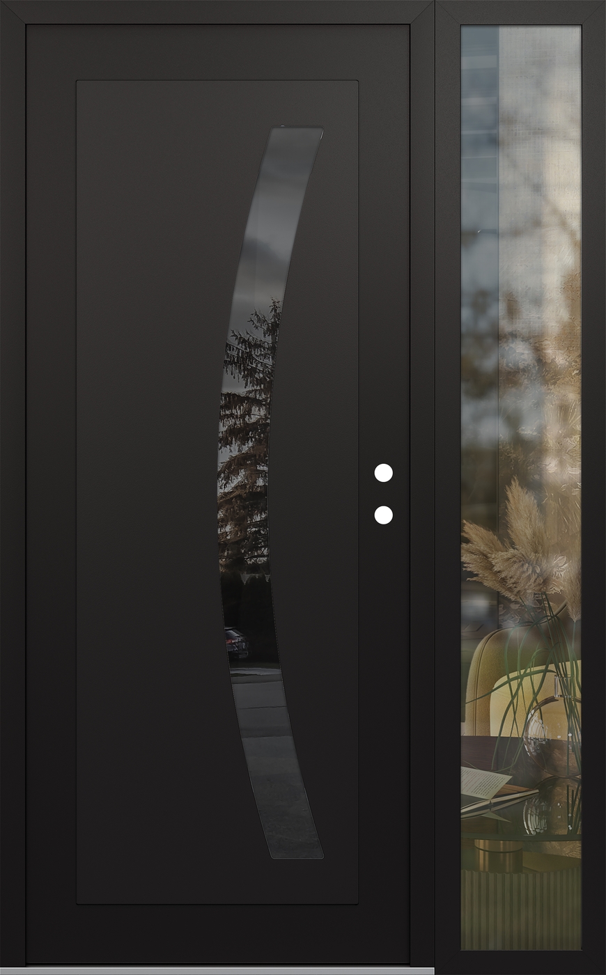 Modern Steel Front Door Diamond C4 52" x 80" black/black mirrored Glass Panel black LHI with Sidelite clear Glass
