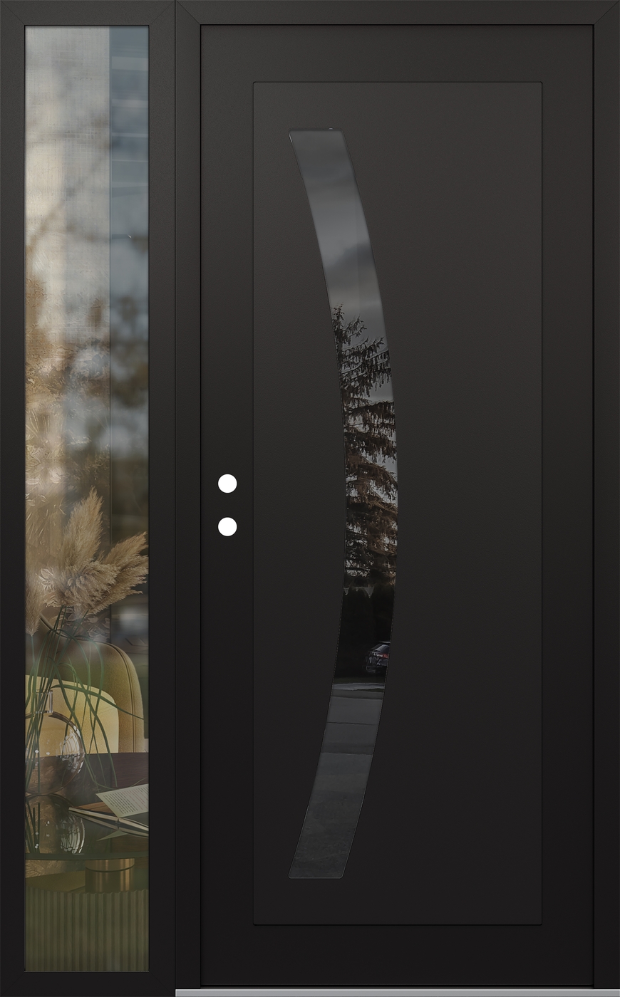 Modern Steel Front Door Diamond C4 52" x 80" black/black mirrored Glass Panel black RHI with Sidelite clear Glass