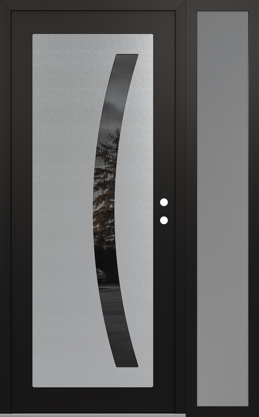 Modern Steel Front Door Diamond C4 52" x 80" black/black mirrored Glass Panel stainless steel LHI with Sidelite frosted Glass
