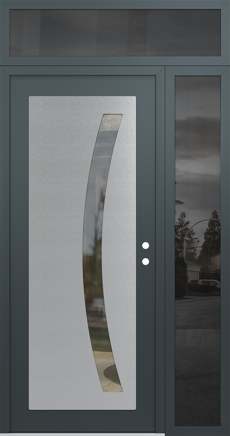 Modern Steel Front Door Diamond C4 52" x 96" anthracite/anthracite clear Glass Panel stainless steel LHI with Sidelite and Transom mirrored Glass