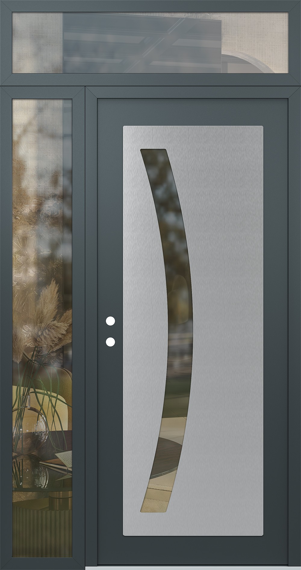 Modern Steel Front Door Diamond C4 52" x 96" anthracite/anthracite clear Glass Panel stainless steel RHI with Sidelite and Transom clear Glass