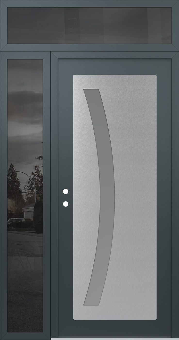 Modern Steel Front Door Diamond C4 52" x 96" anthracite/anthracite frosted Glass Panel stainless steel RHI with Sidelite and Transom mirrored Glass