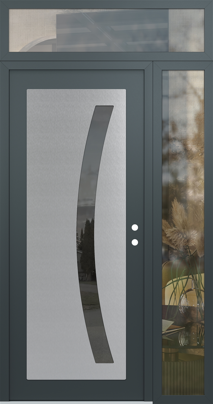 Modern Steel Front Door Diamond C4 52" x 96" anthracite/anthracite mirrored Glass Panel stainless steel LHI with Sidelite and Transom clear Glass