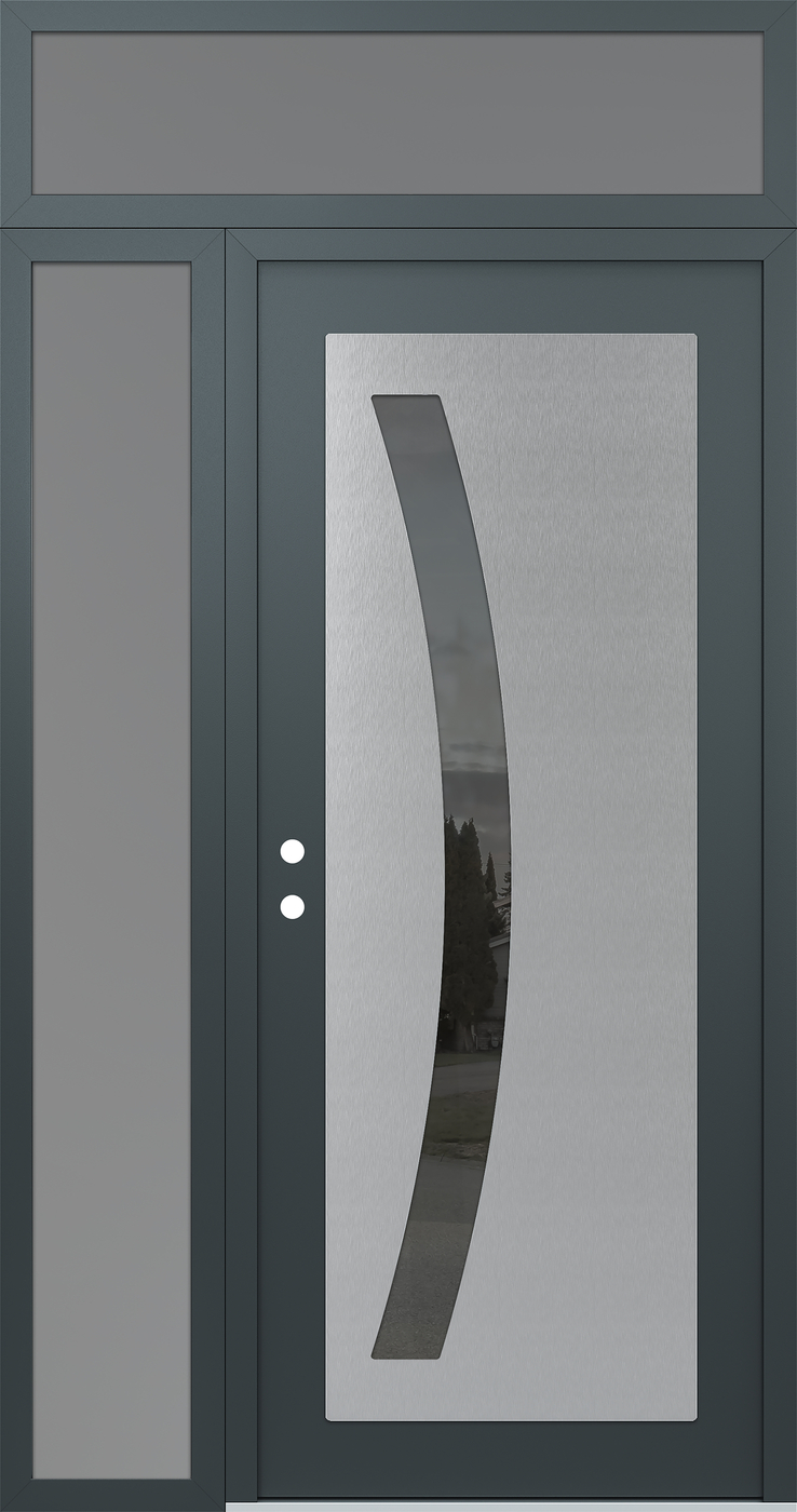 Modern Steel Front Door Diamond C4 52" x 96" anthracite/anthracite mirrored Glass Panel stainless steel RHI with Sidelite and Transom frosted Glass