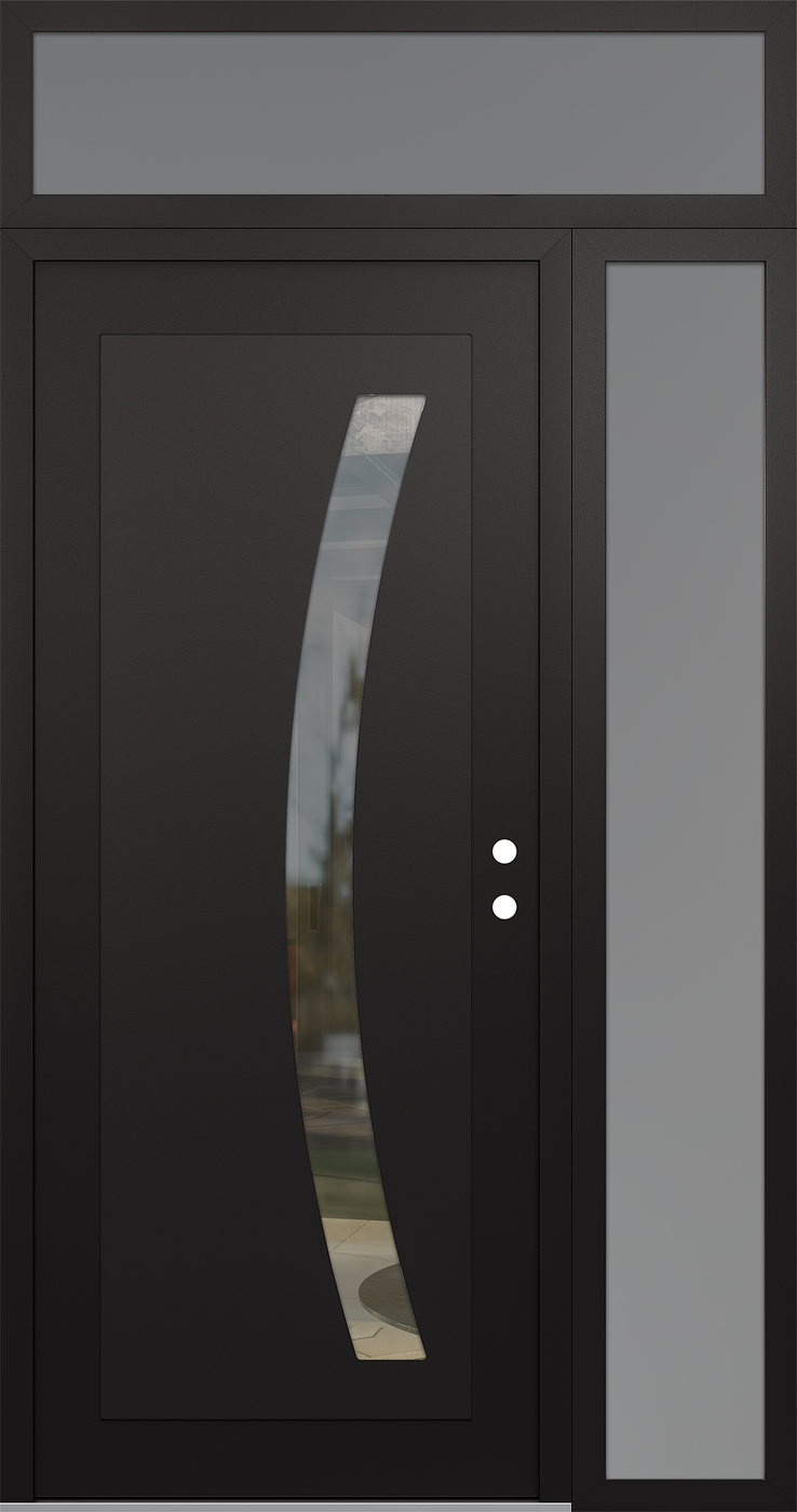 Modern Steel Front Door Diamond C4 52" x 96" black/black clear Glass Panel black LHI with Sidelite and Transom frosted Glass