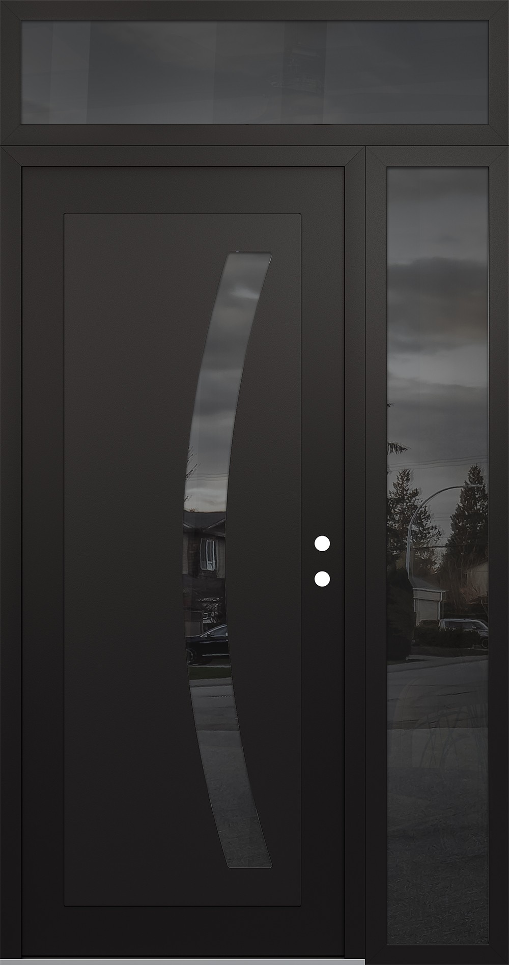 Modern Steel Front Door Diamond C4 52" x 96" black/black mirrored Glass Panel black LHI with Sidelite and Transom mirrored Glass