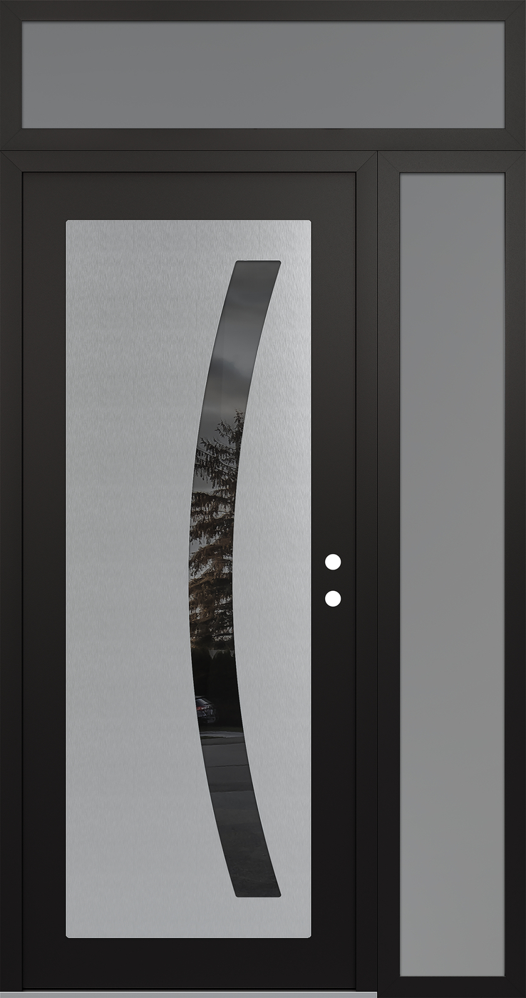 Modern Steel Front Door Diamond C4 52" x 96" black/black mirrored Glass Panel stainless steel LHI with Sidelite and Transom frosted Glass