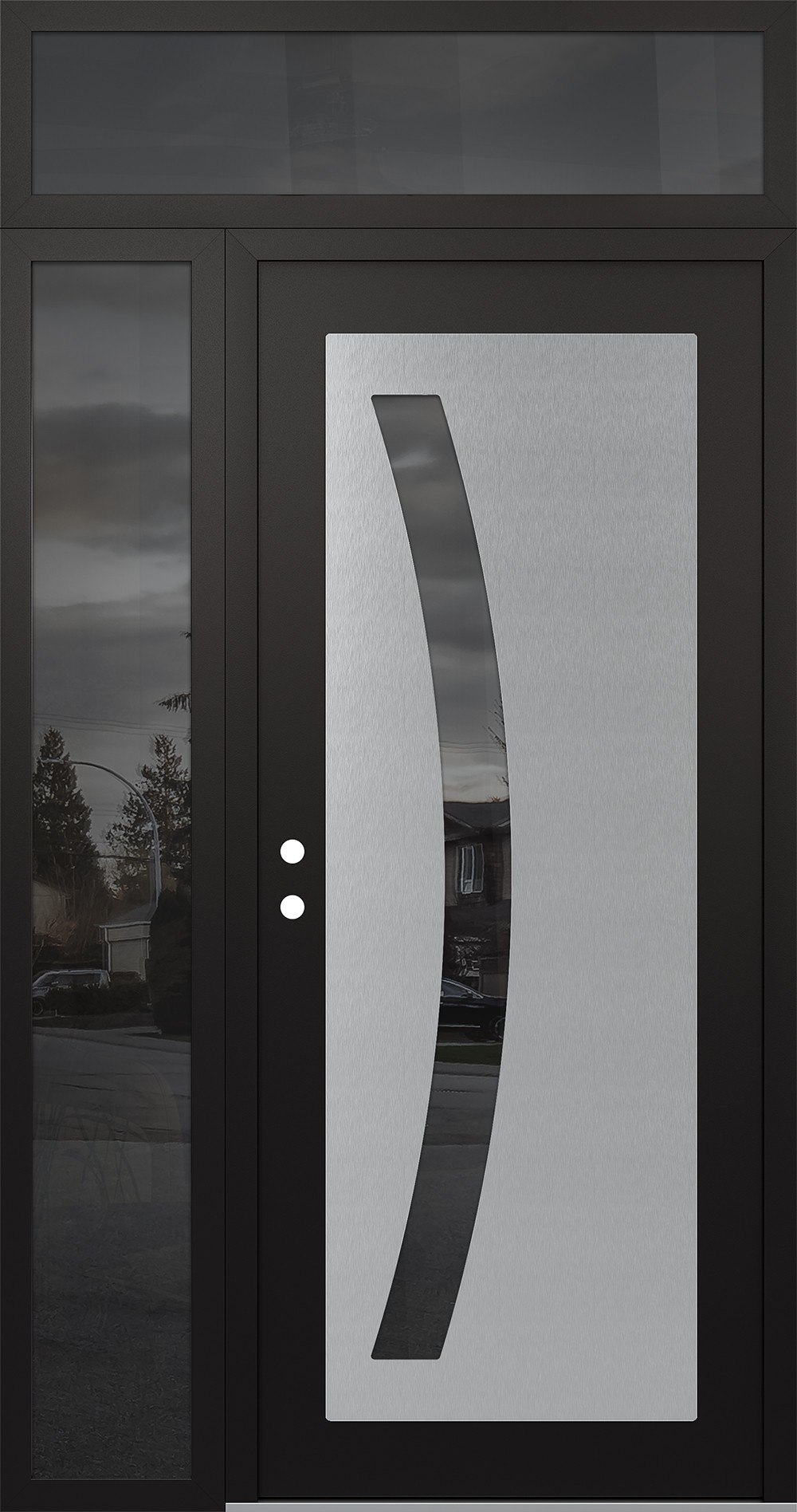 Modern Steel Front Door Diamond C4 52" x 96" black/black mirrored Glass Panel stainless steel RHI with Sidelite and Transom mirrored Glass