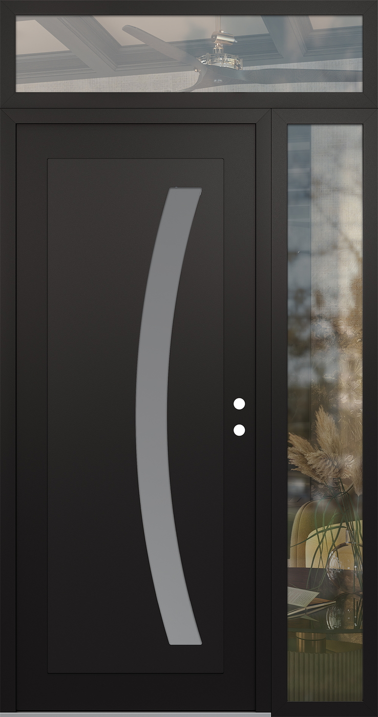 Modern Steel Front Door Diamond C4 52" x 96" black/white frosted Glass Panel black LHI with Sidelite and Transom clear Glass