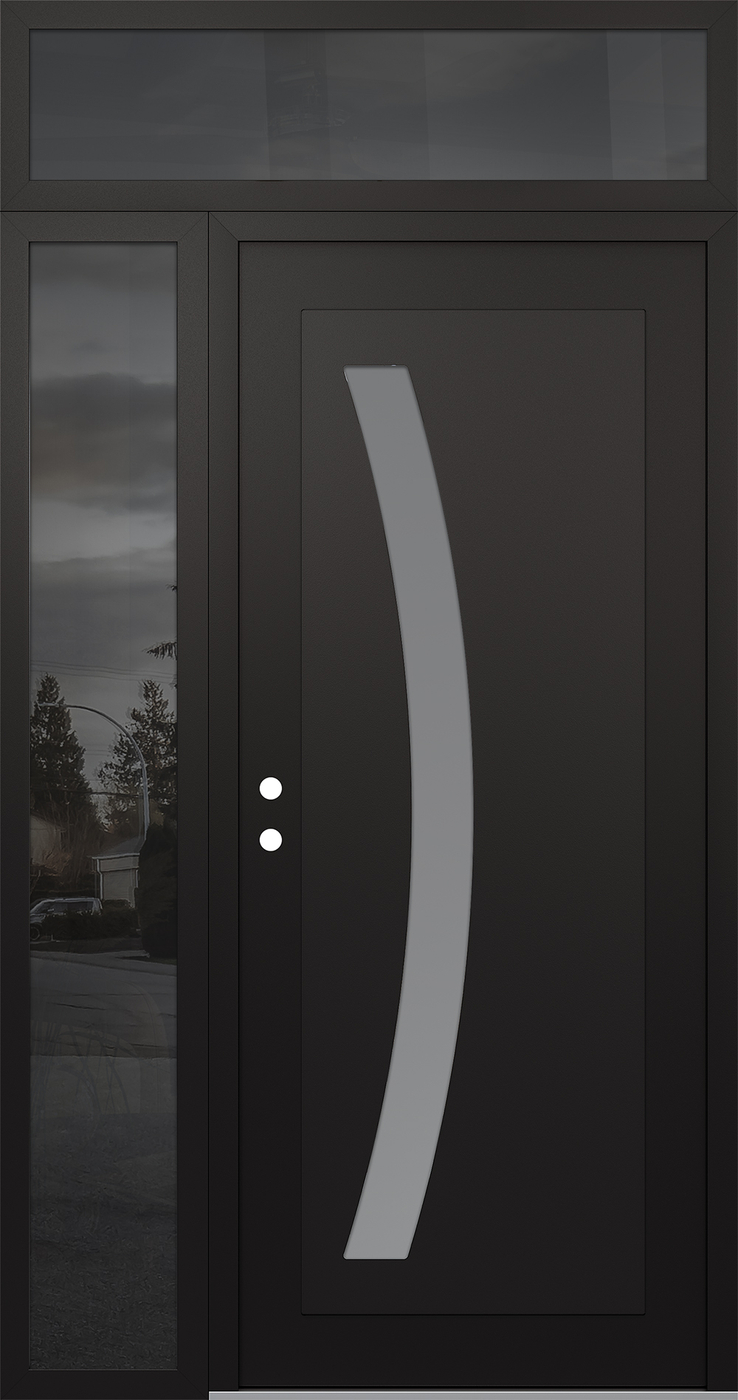 Modern Steel Front Door Diamond C4 52" x 96" black/white frosted Glass Panel black RHI with Sidelite and Transom mirrored Glass