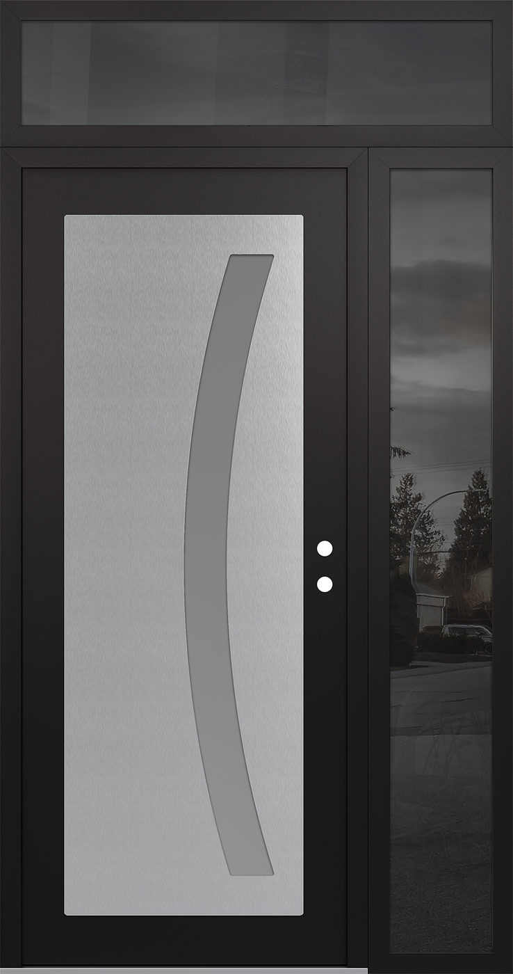 Modern Steel Front Door Diamond C4 52" x 96" black/white frosted Glass Panel stainless steel LHI with Sidelite and Transom mirrored Glass