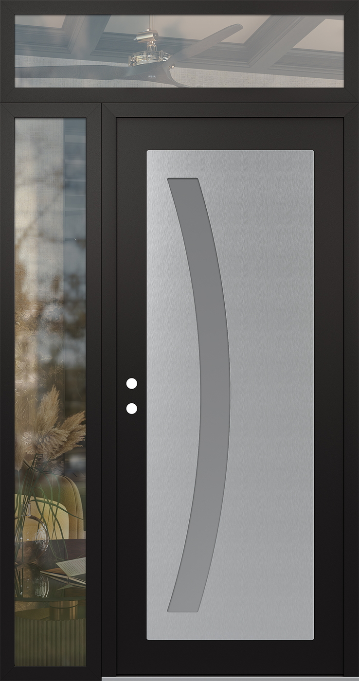 Modern Steel Front Door Diamond C4 52" x 96" black/white frosted Glass Panel stainless steel RHI with Sidelite and Transom clear Glass