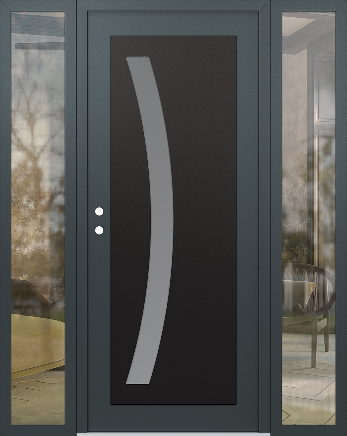 Modern Steel Front Door Diamond C4 60" x 80" anthracite/anthracite frosted Glass Panel black RHI with 2 Sidelites clear Glass
