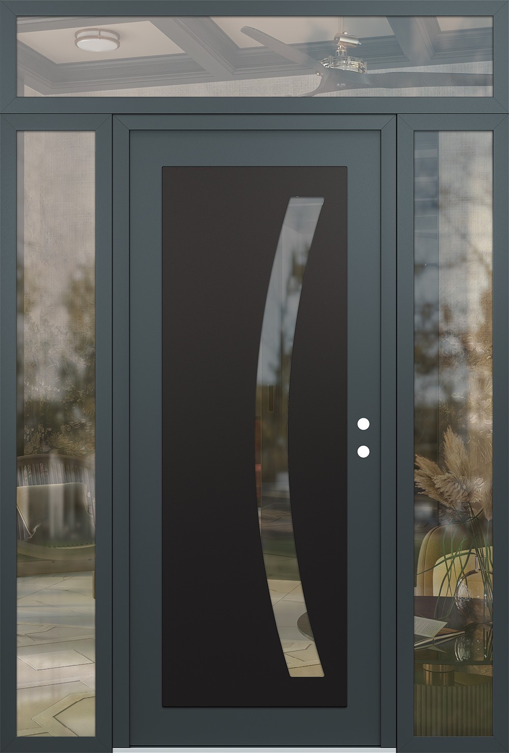 Modern Steel Front Door Diamond C4 60" x 96" anthracite/anthracite clear Glass Panel black LHI with 2 Sidelites and Transom clear Glass