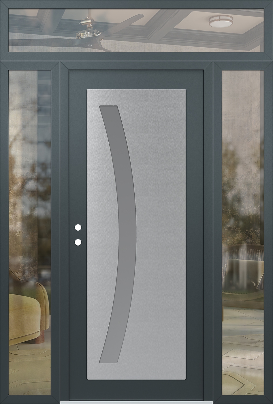 Modern Steel Front Door Diamond C4 60" x 96" anthracite/anthracite frosted Glass Panel stainless steel RHI with 2 Sidelites and Transom clear Glass
