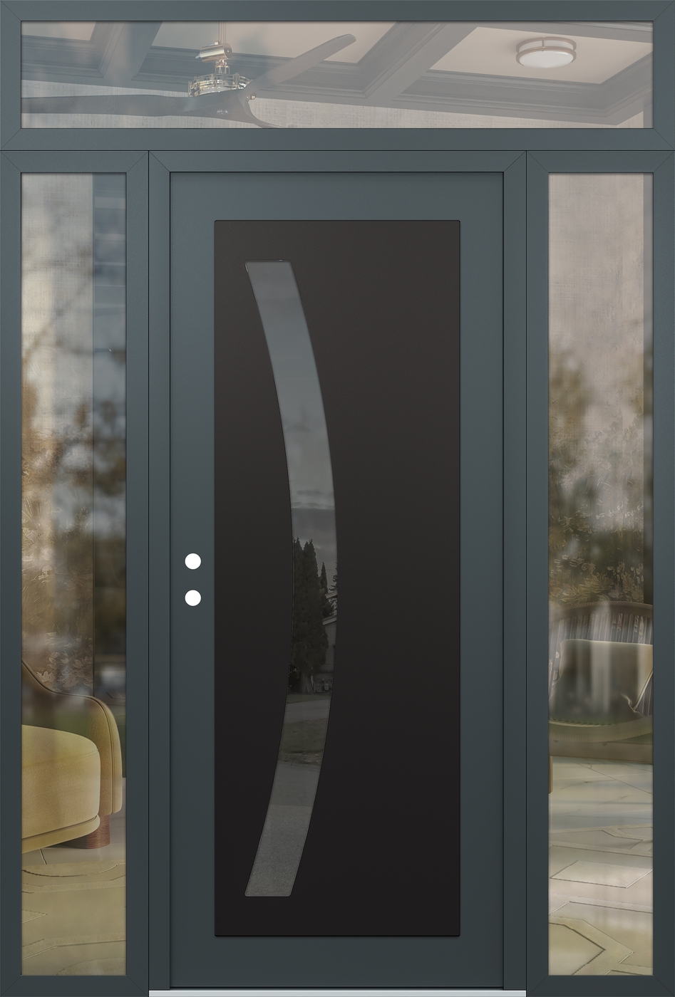 Modern Steel Front Door Diamond C4 60" x 96" anthracite/anthracite mirrored Glass Panel black RHI with 2 Sidelites and Transom clear Glass