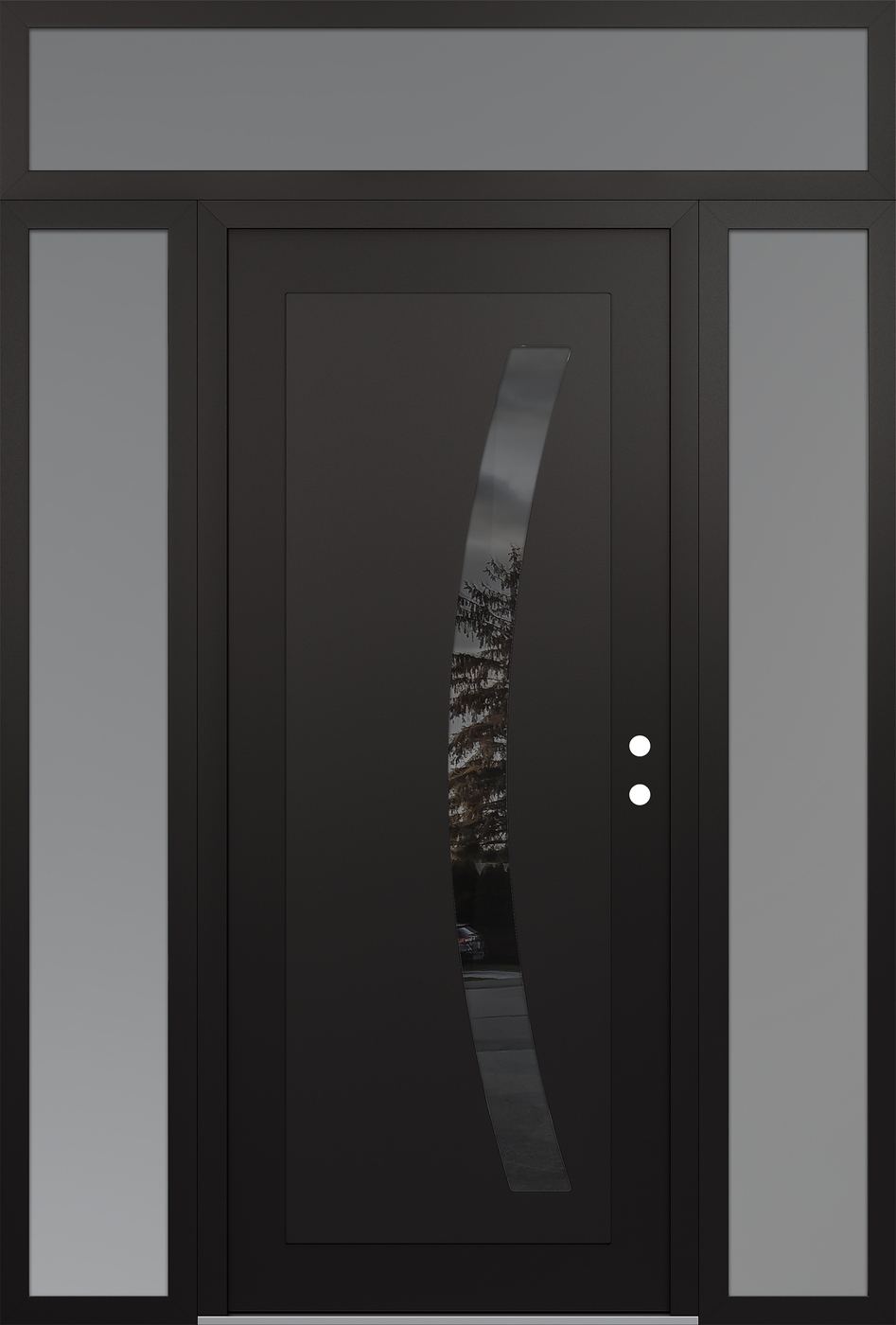 Modern Steel Front Door Diamond C4 60" x 96" black/black mirrored Glass Panel black LHI with 2 Sidelites and Transom frosted Glass